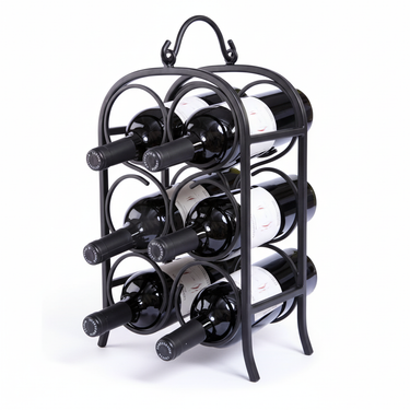 Black metal wine rack holding six bottles on a white background