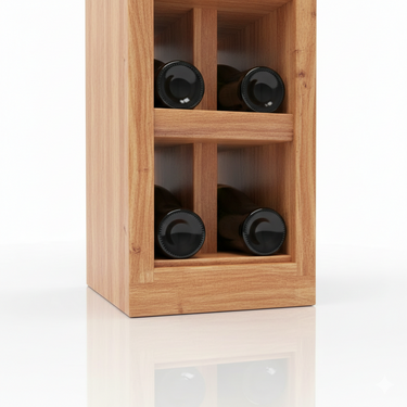 Wooden wine rack with four bottles inside on a white background