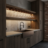 Modern kitchen with wooden cabinets, a sink, and glass shelves.