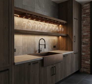 Modern kitchen with wooden cabinets, a sink, and glass shelves.