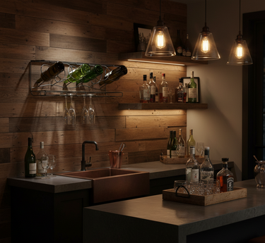 Dark kitchen with wooden walls, hanging bottles, and a bar setup.