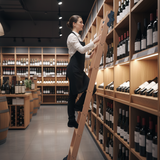 Person on a ladder arranging wine bottles on shelves in a wine cellar.
