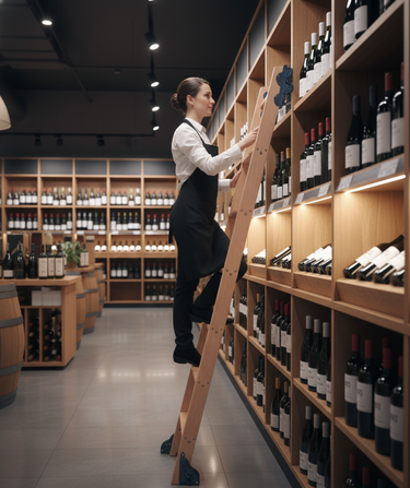 Person on a ladder arranging wine bottles on shelves in a wine cellar.