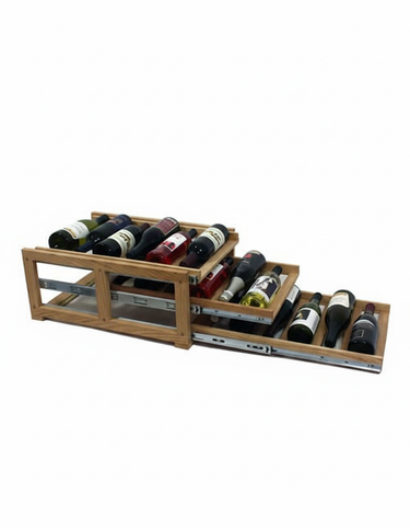 Wooden wine rack with bottles on a white background
