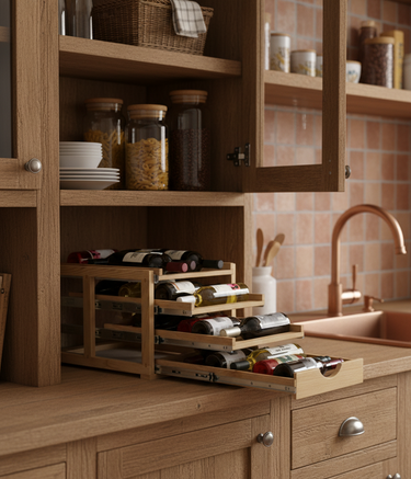 Wooden kitchen cabinet with open drawer displaying wine bottles and snacks, tiled wall in the background.
