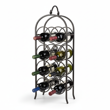 Wine rack holding multiple bottles of wine on a white background