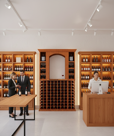 Wine cellar with wooden shelves and a reception desk.