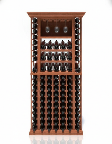 Wooden wine rack with bottles on a white background