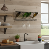Modern kitchen with white sink, wooden shelves, and wine rack.