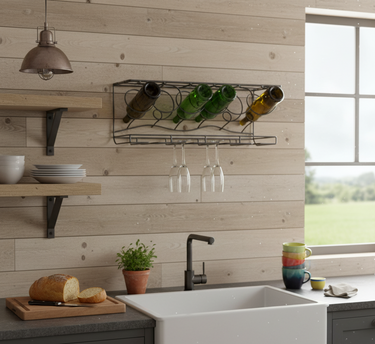 Modern kitchen with white sink, wooden shelves, and wine rack.