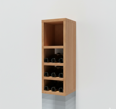 Wooden wine rack with bottles on a light gray background
