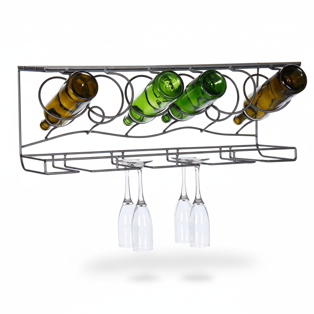 Wine rack holding bottles and wine glasses on a white background