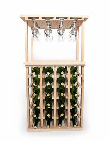 Wooden wine rack with bottles and glasses on a white background