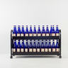 Metal bottle rack with multiple blue bottles on a white background