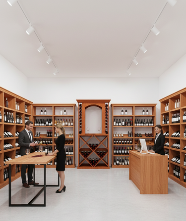 Modern wine store interior with wooden shelves and staff interacting.
