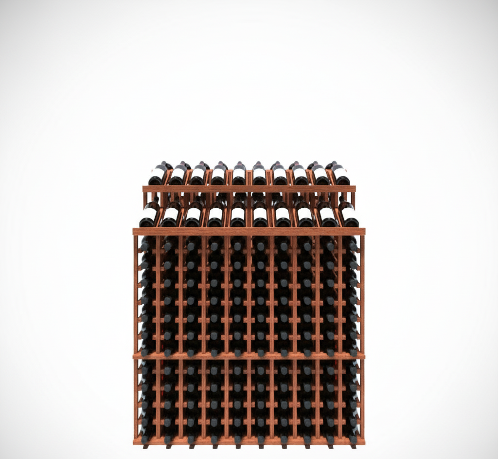 Wooden wine rack with bottles on a white background