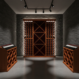 Wine cellar with wooden wine racks and bottles against a stone wall.