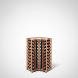 Wooden wine rack with multiple bottles on a white background