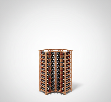 Wooden wine rack with multiple bottles on a white background