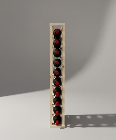 Wooden wine rack with six bottles of red wine on a gray background