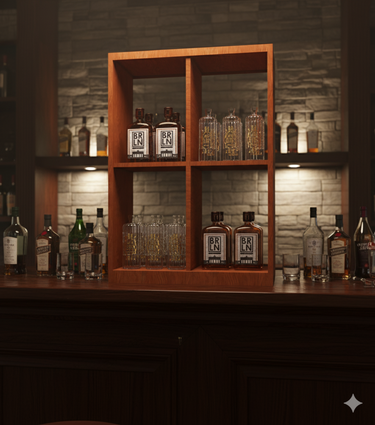 Wooden shelf with various bottles on a bar setting