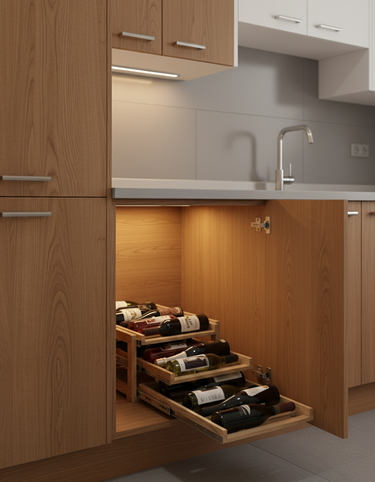 Wooden kitchen cabinet with a pull-out wine rack containing bottles.