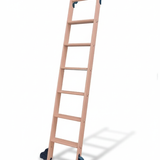 Wooden ladder with blue feet on a white background