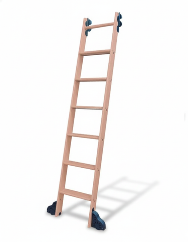 Wooden ladder with blue feet on a white background