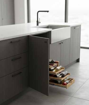 Modern kitchen with open drawer revealing bottles, set against a neutral color palette.