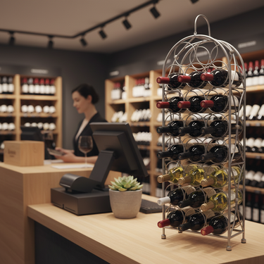 Wine rack with bottles on a counter in a wine store