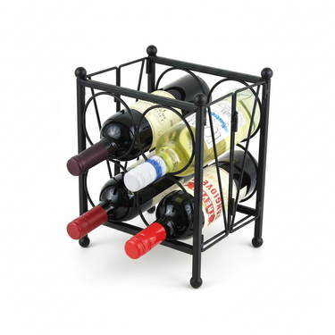 Black metal wine rack holding four bottles on a white background