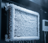 Frozen air conditioning unit with frost covering the surface