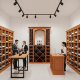 Wine cellar with wooden shelves and people interacting with wine bottles.