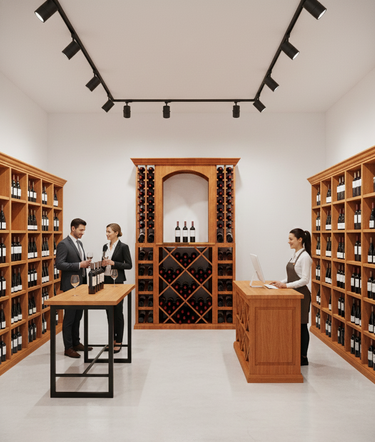 Wine cellar with wooden shelves and people interacting with wine bottles.