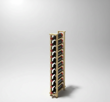 Wooden wine rack with bottles on a gray background