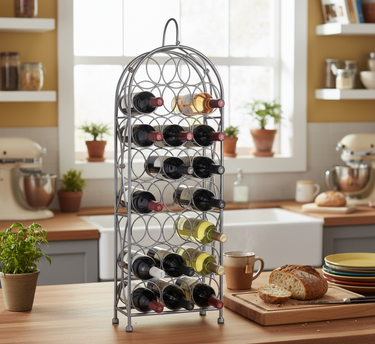 Wine rack with bottles on a kitchen counter