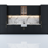Modern kitchen with black cabinets, marble countertop, and wine rack.