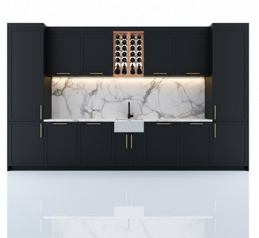 Modern kitchen with black cabinets, marble countertop, and wine rack.