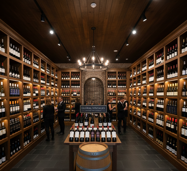 Wine cellar with shelves filled with bottles and a barrel on a table.
