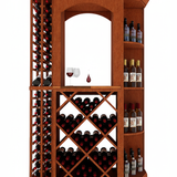 Wooden wine rack with bottles and glasses on a white background