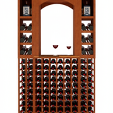 Wooden wine rack with multiple bottles of wine on a white background