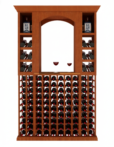 Wooden wine rack with multiple bottles of wine on a white background