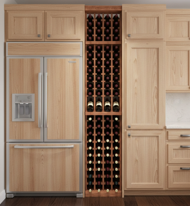 Wooden kitchen with a refrigerator and built-in wine rack.