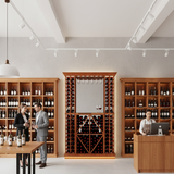 Modern wine cellar with wooden shelves and a reception desk.