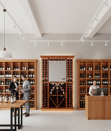 Modern wine cellar with wooden shelves and a reception desk.
