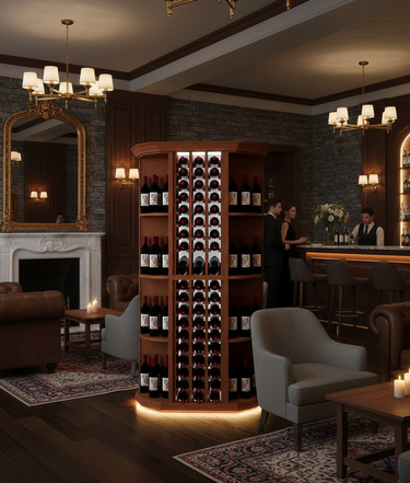 Wine cellar with shelves filled with bottles in a dimly lit room with chandeliers and a fireplace.