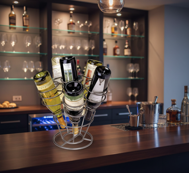 Wine bottles in a metal holder on a bar counter with shelves in the background