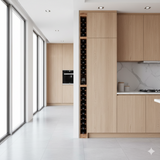 Modern kitchen with wooden cabinets and a wine rack.