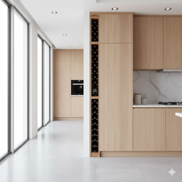 Modern kitchen with wooden cabinets and a wine rack.