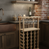 Wooden wine rack with bottles and glasses in a kitchen setting.